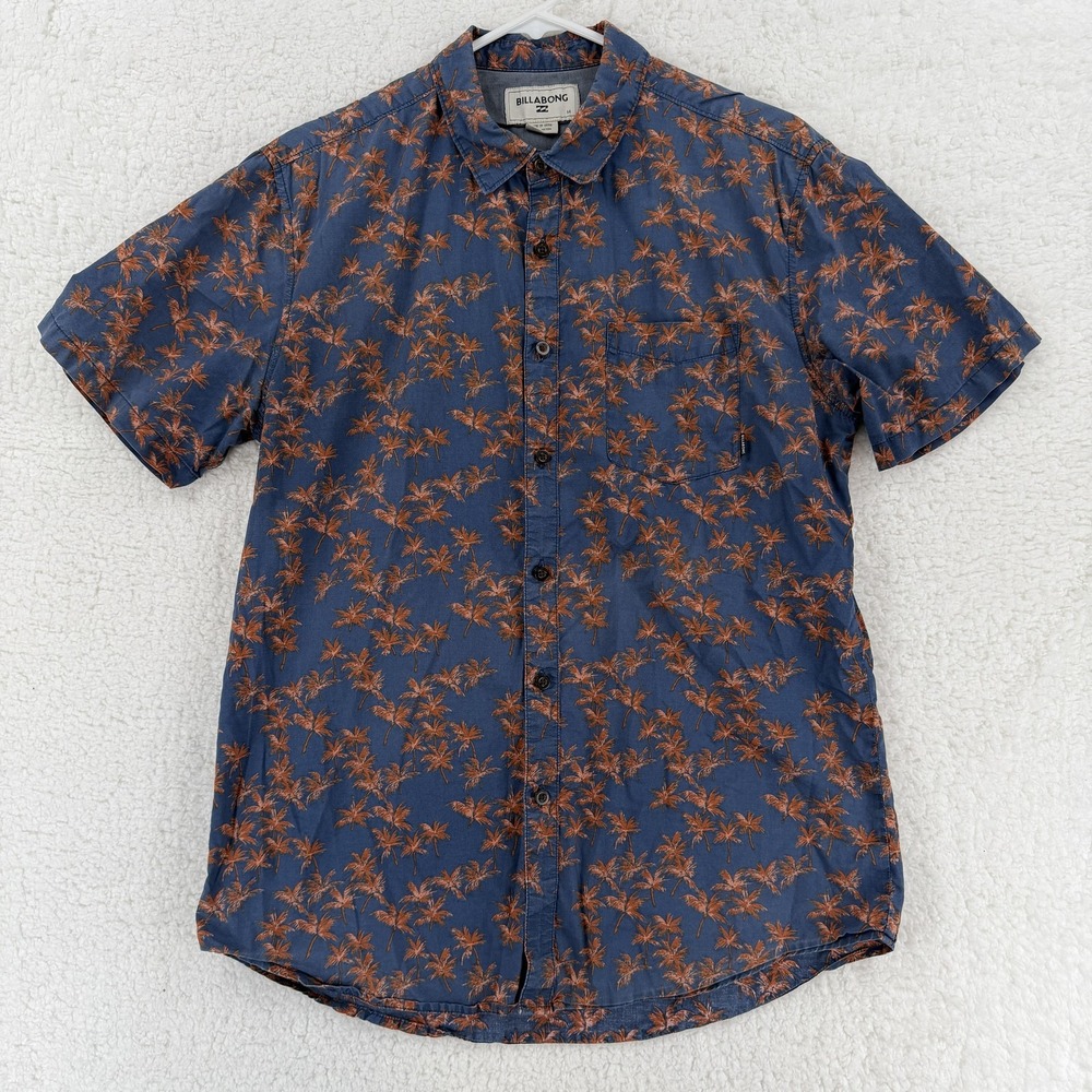 Billabong Mens Medium Blue Orange Palm Tree Hawaiian Button Up Casual Shirt
